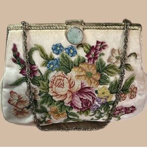 Beautiful Vintage Floral needlepoint Embroidered Clutch with Chain Strap
